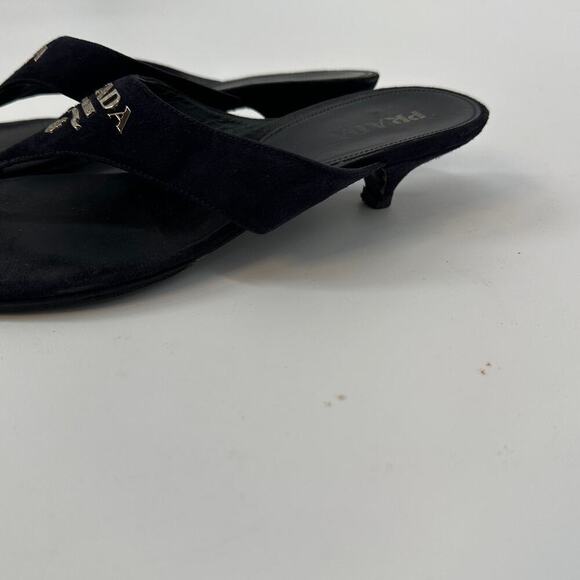 PRADA Navy Suede Logo Sandal Slide Thong Kitten Heel - Picture 2 of 8
